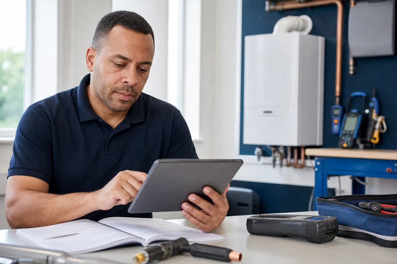 Gas engineer revising ACS safety topics on a tablet in a training workshop